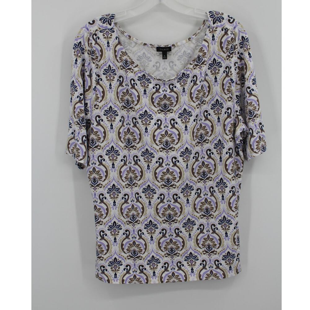 Talbots XL Elbow Sleeve Crewneck Tee Majestic Medallion Lavender Purple Multi